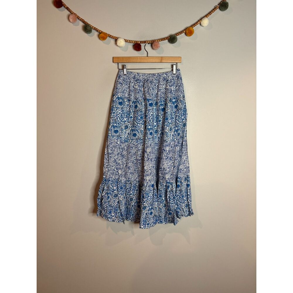 Blair blue and white patterned boho cotton tiered skirt